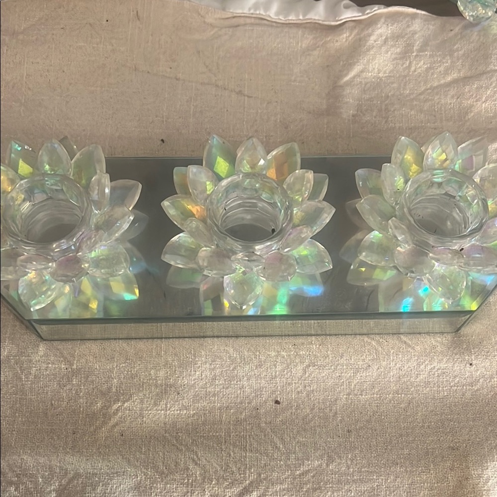 White Lotus Flower Candle Holders with Iridescent Accents